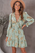 Lantern Sleeve Deep V Neck Knotted Tiered Mini Dress